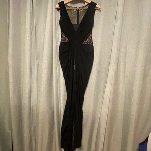 Black sleeveless dress with lace and skin color liner